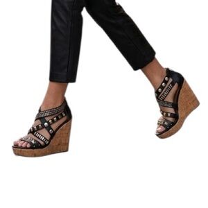Candie's Womens 8M Black Studded Strappy Wedge Sandals Cork Platform Back Zip